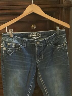 Paisley Sky Women’s Dark Blue Bootcut Jeans with White Stitching